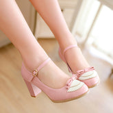Autumn Bow Buckle Thick High Heels
